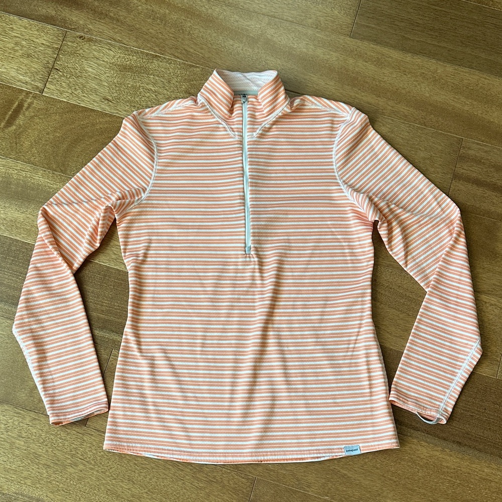 Patagonia Capilene 3 Orange Striped Quarter Zip Long Sleeve Tee